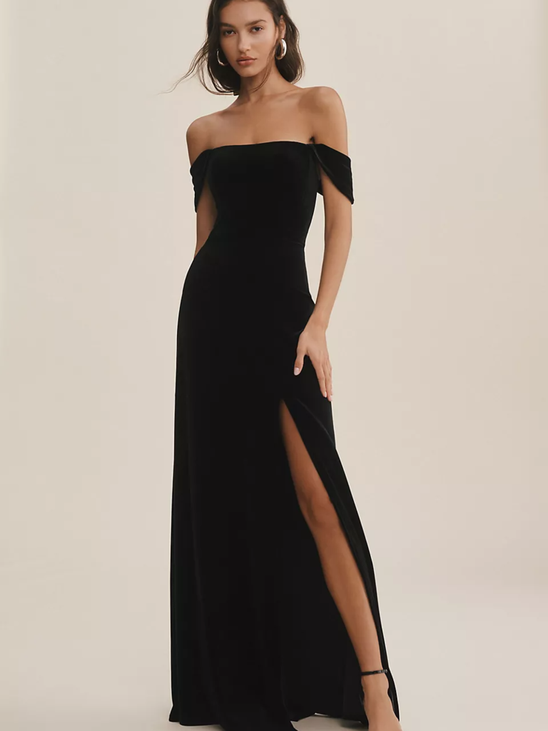 Jenny Yoo off-shoulder black velvet gothic bridesmaid dress