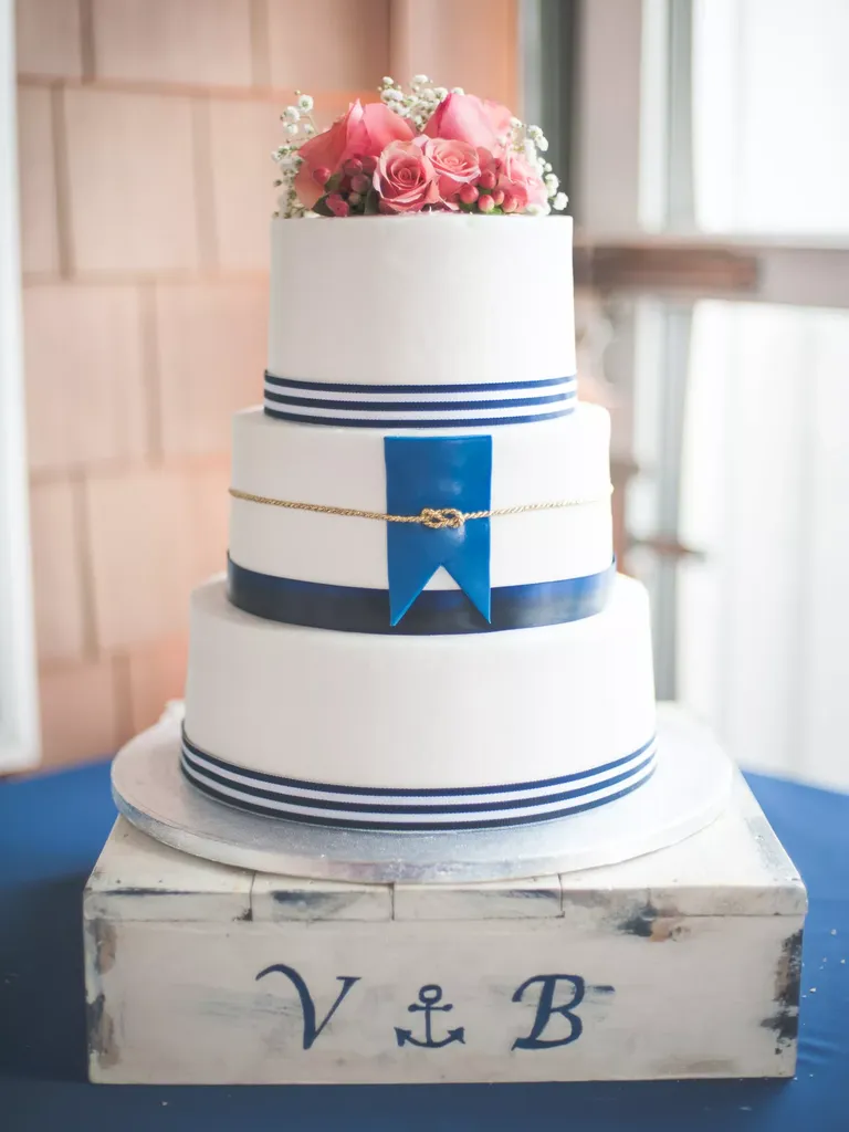 Nautical Navy, White and Coral Cake with Monogrammed Cake Stand