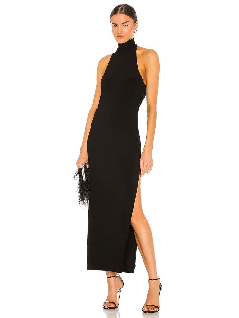 Norma Kamali x REVOLVE black halter wedding guest dress for black-tie dress code