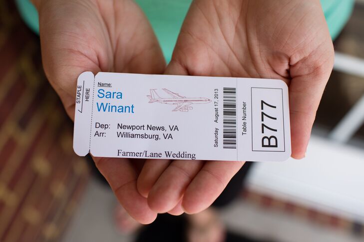 Guests received an escort card at the reception styled as an airplane boarding pass, with their departure and arrival city as well as the table number they are seated at.
