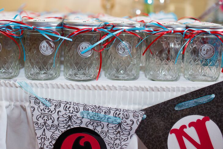 Teal and Red Tied Glass Jars