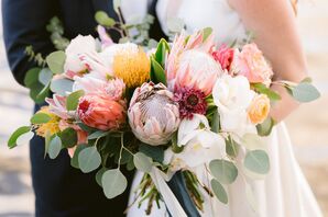 Bouquet With Eucalyptus, Roses and Protea