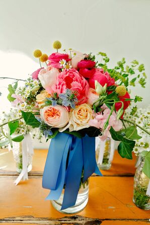 Blue Ribbon-Wrapped Pink Rose and Peony Bouquet