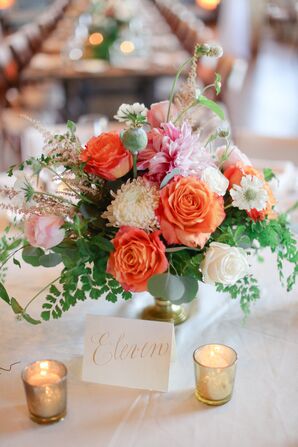Low Ivory and Coral Garden Rose and Fern Centerpiece