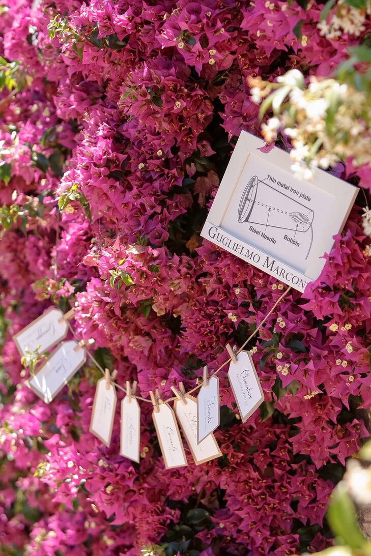 The hanging escort card display featured a “scientist and physicist” table theme.