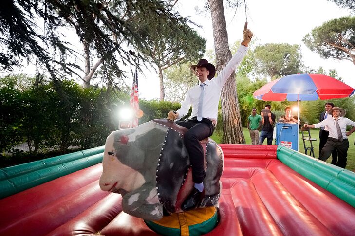 The couple surprised their guests with a mechanical bull!