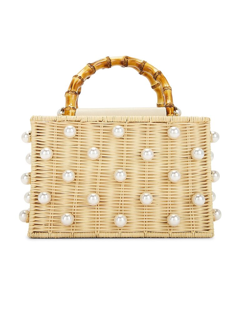 Woven bridal clutch bag with pearl embellishments from BTB Los Angeles