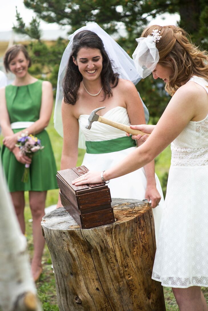 “As part of our wedding ceremony, we did a wine box ceremony,” Julie says. “We built a box ahead of time and wrote love letters to each other and during the ceremony we nailed the box shut with letters and a bottle of wine that we will open on our 10 year anniversary and replace for another 10 years. The box is displayed at our house as a reminder of our commitment to each other and our wedding day. We will also open the box if times get tough in our relationship.”