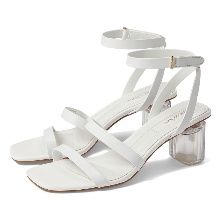 White block heels with leather straps