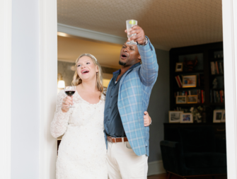 A couple giving speech at engagement party