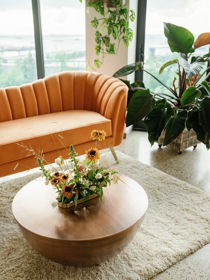 Sunflower Centerpiece and Velvet Sofa