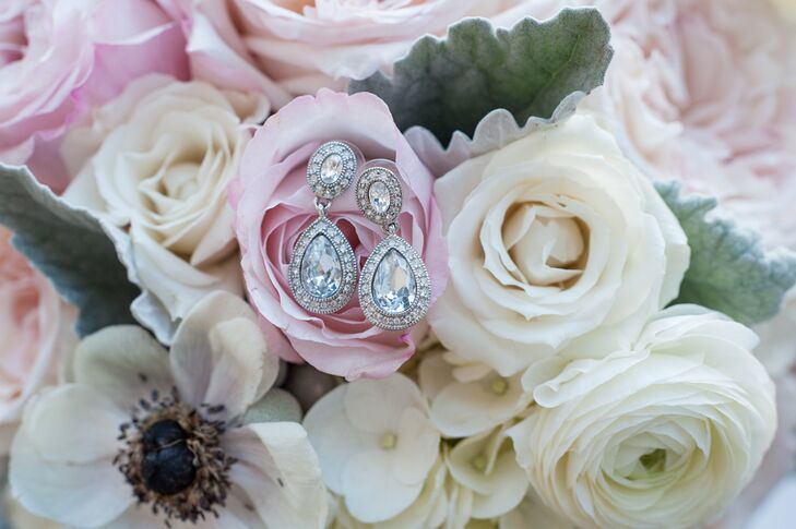 Crystal Drop Earrings on Pink and Ivory Bouquet