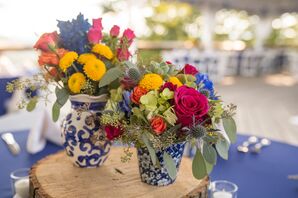 Multicolor Floral Arrangements in Blue and White Vases