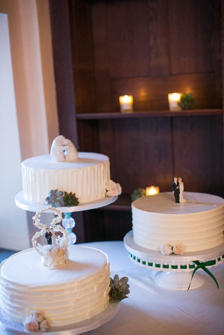 As an avid baker, choosing a cake was no easy feat for Edith — it had to be just right. “I am very picky and wanted the cake to be especially delicious,” says Edith. “We had three different flavors of cake and they were all delicious.” The cakes were decorated with textured buttercream frosting, succulents and a distinct cake topper, two of which belonged to Zachary’s parents and grandparents. To tie into the vintage theme, the cakes were displayed atop unique vintage cake plates found by Edith’s mother.