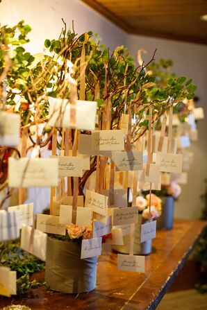 Garden-Inspired Hanging Escort Cards From Potted Trees