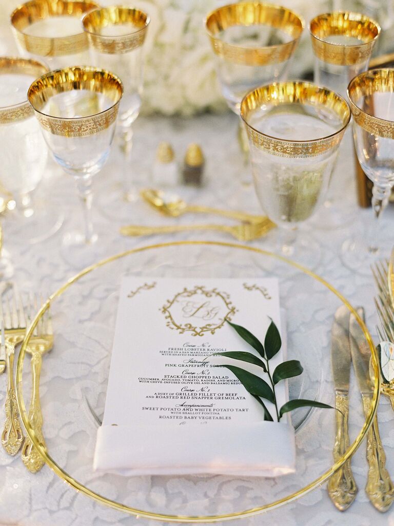 gold and white place setting