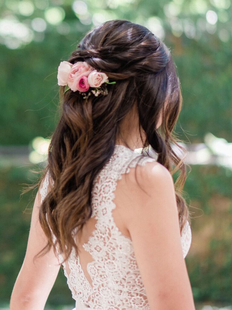 half up wedding hairstyle with twists and flowers