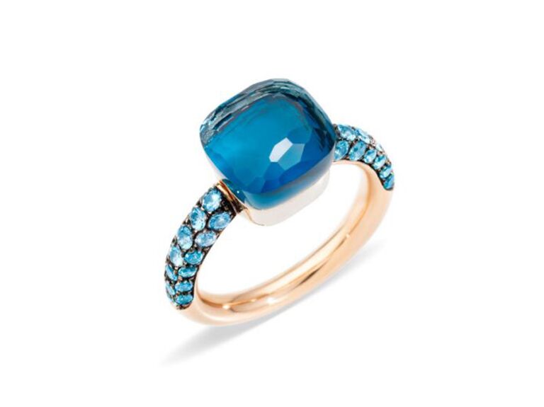 Turquoise and topaz square center stone with topaz gemstones on rose gold band