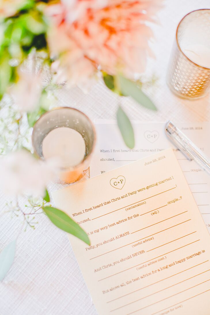 Patricia and Christopher provided guests with customized versions of wedding Mad Libs during cocktail hour. At the end of the game, guests were asked to provide their best newlywed advice to the couple.