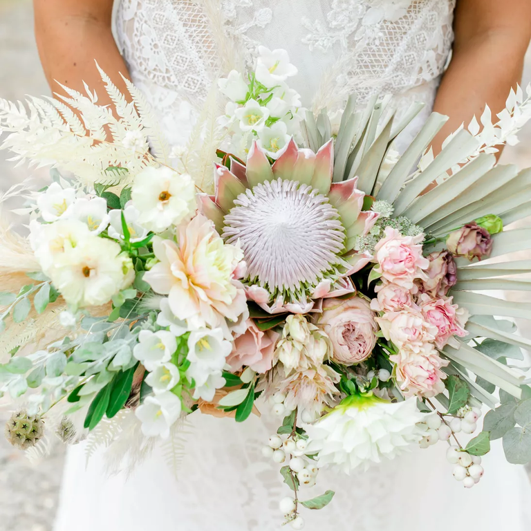 Protea wedding bouquet for boho brides in pale pastels