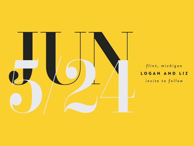 minted yellow black and white simple save the date card