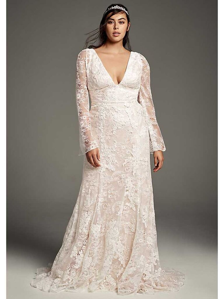 Long sleeve lace plunging V-neck A-line wedding dress