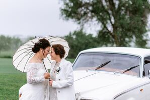Brides in Front of Classic Car