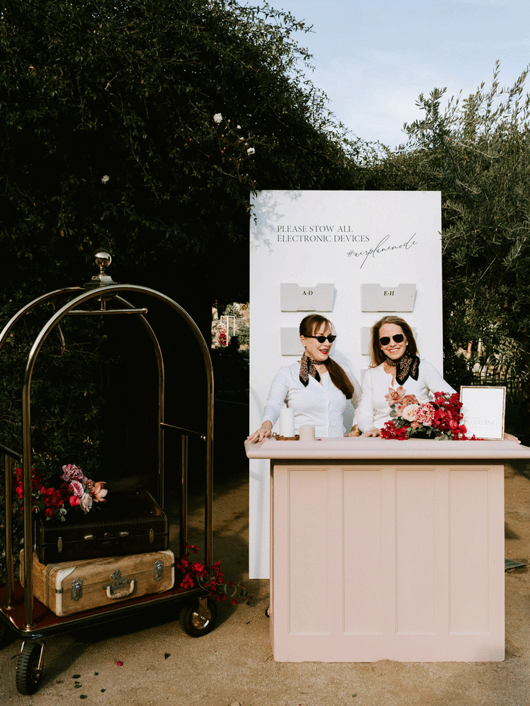 Phone check station at wedding ceremony. 