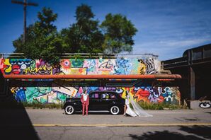 Bride in Pink Suit and Bride in Lace Gown, Long Veil With Classic Car, Colorful Graffiti