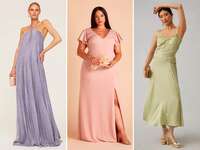 Collage of three models wearing pastel bridesmaids dresses. 