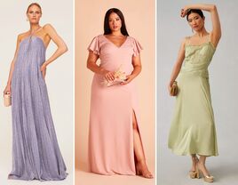 Collage of three models wearing pastel bridesmaids dresses. 