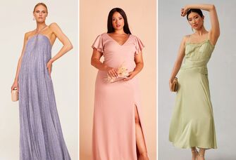Collage of three models wearing pastel bridesmaids dresses. 