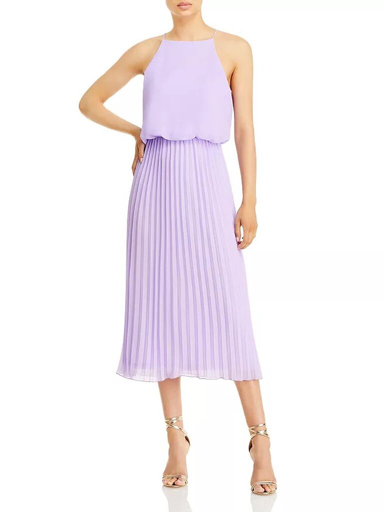 bloomingdale's lilac pastel midi dress for wedding guests with halter neckline and pleated flowy skirt