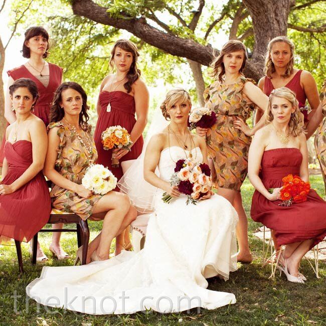 Shelby asked her maids to pick from several solid styles and one patterned dress for an eclectic and overall vintage look.