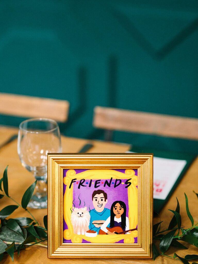 friends themed wedding illustrated centerpieces