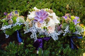Natural Succulent Bouquet with Purple Satin Wrap