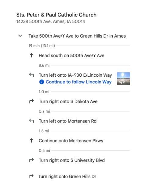 Picture of Driving Directions From Saints Peter and Paul to Gateway Hotel