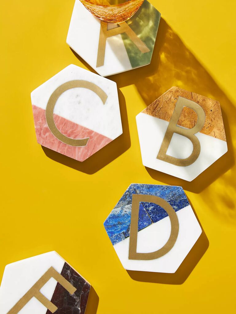 Colorful monogram coasters for practical and stylish bachelorette gift
