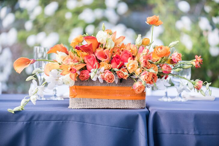 Orange Calla Lily, Rose, and Orchid Centerpiece with Accents of Pink and White