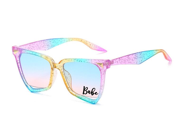 etsy glittery multicolored bride sunglasses with colorful lenses and custom design