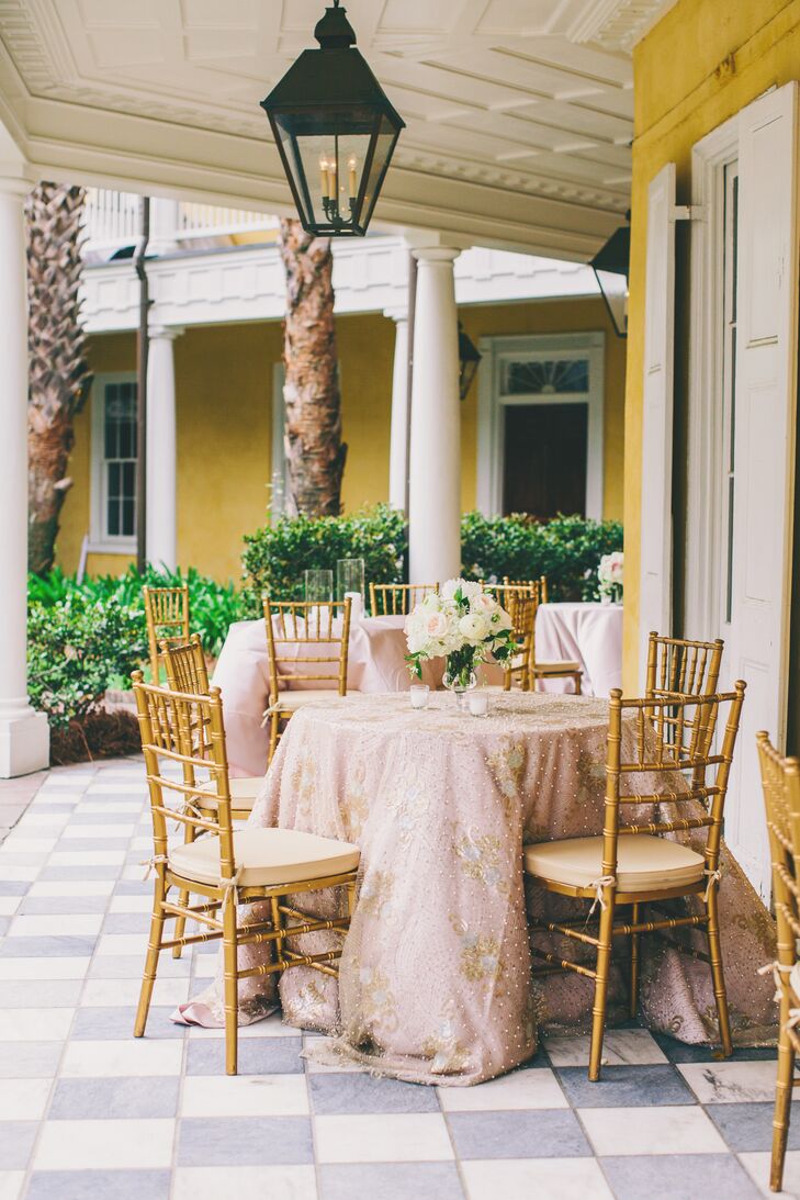 “The linens were a mix of designs with sequins and pearls,” Courtney says. “When the light hit the tables at just the right angle, the venue looked to be glowing.”
