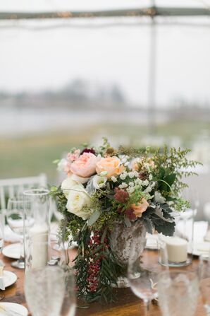Low Rustic, Peach Garden Rose and Eucalyptus Centerpiece