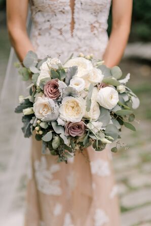 Elegant Vintage Bouquet of White and Mauve Roses and Eucalyptus Leaves