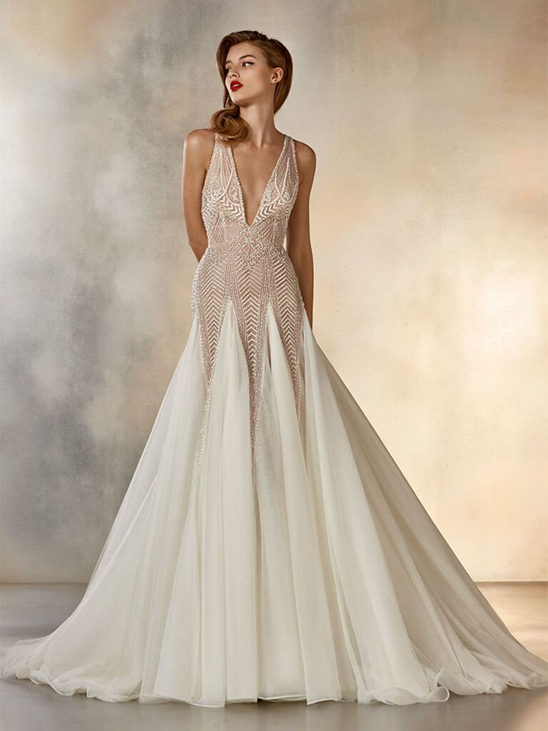 Atelier Provonias wedding dress trumpet gown with tulle skirt
