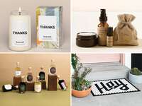 Collage of four thank you gifts including a candle, assortment of wines, door mat, and a self care kit. 