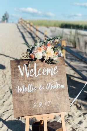 Wood Welcome Sign with White Calligraphy for Beach Wedding