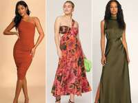 Collage of three affordable wedding guest dresses.