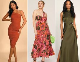 Collage of three affordable wedding guest dresses.