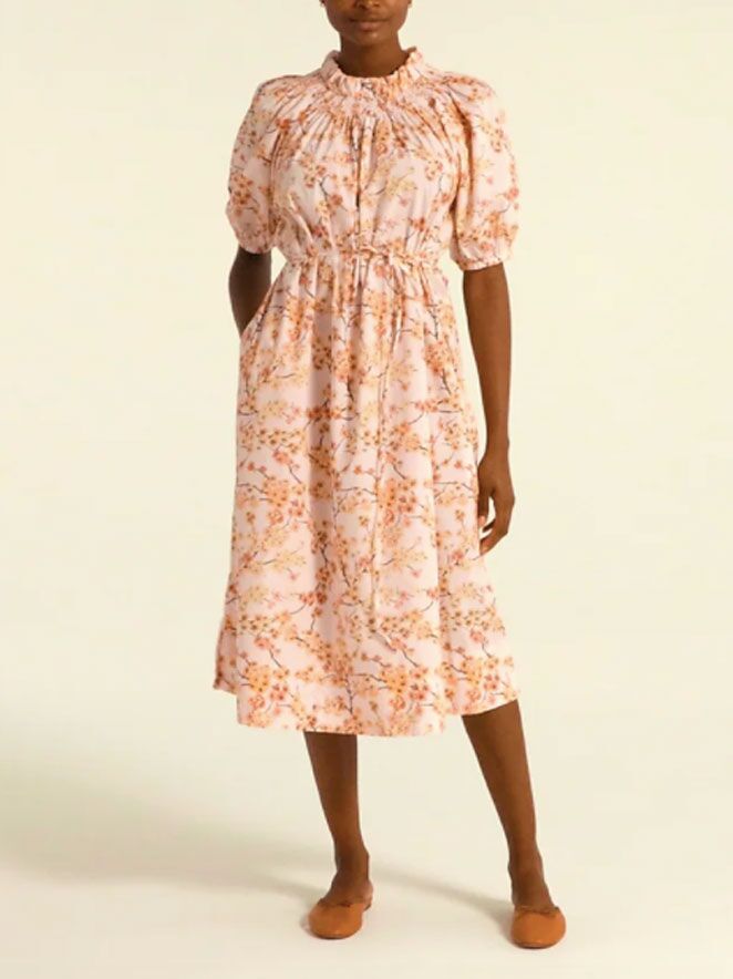 Pink cherry blossom-printed puff sleeve midi fall wedding guest dress