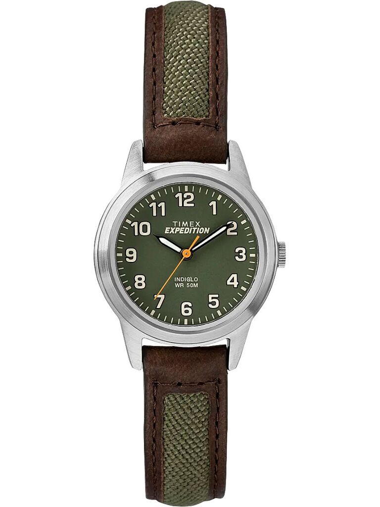Children's watch with green fabric and brown leather strap ring bearer gift